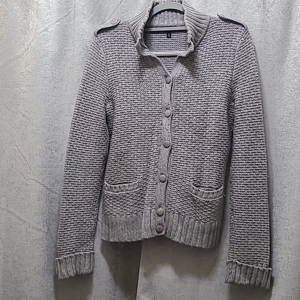 Talbots Cardigan Women's Gray Cashmere Wool Blend Military Chunky‎ Knit Sweater